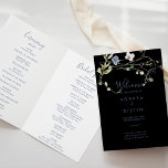 Wild Forest Floral Folded Black Wedding Program Programme<br><div class="desc">This wild forest floral folded black wedding program is perfect for a rustic wedding. This design features hand-painted watercolor white and blue wild forest flowers with green foliage in a black background.

Include a quote or short message,  order of service,  wedding party and thank you message.</div>