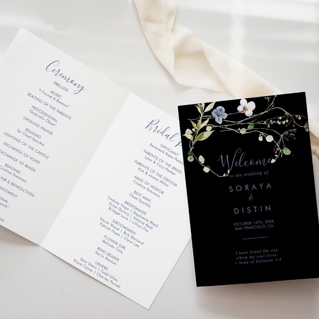 Wild Forest Floral Folded Black Wedding Program Programme (Creator Uploaded)