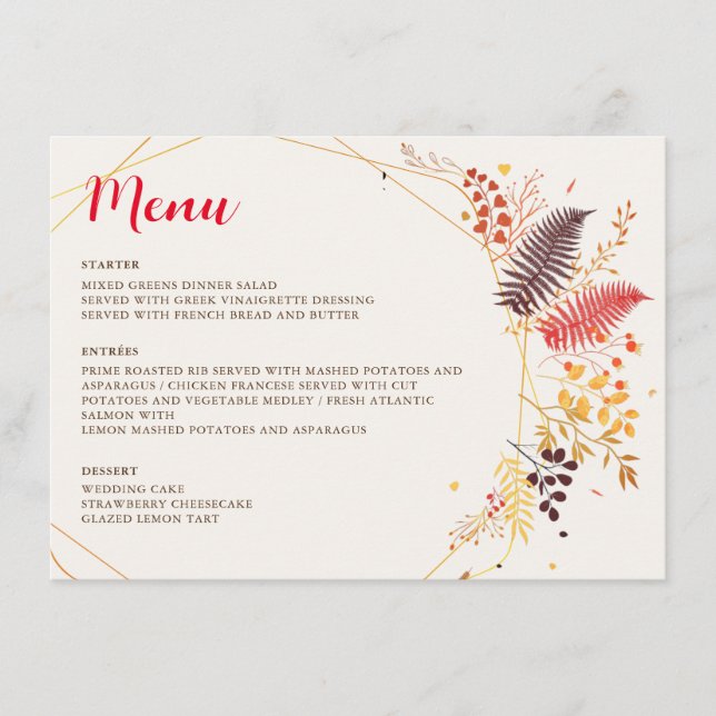 Wild Forest Flowers Fern Mushrooms Foliage Wedding Menu (Front)