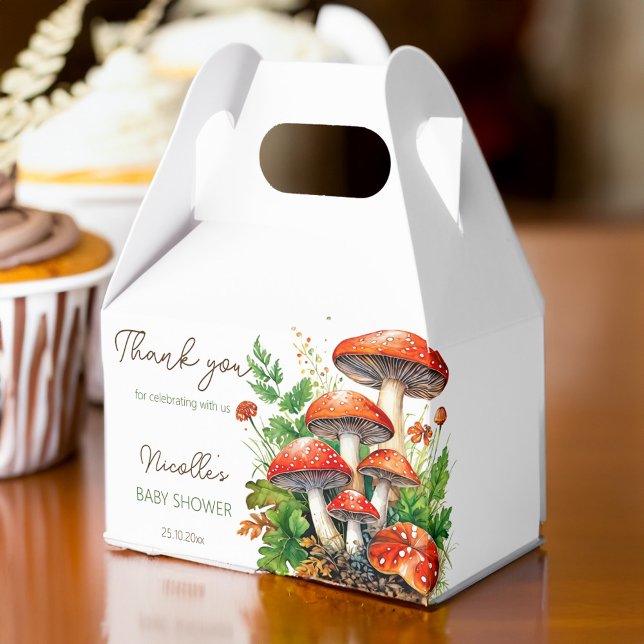 Wild forest mushrooms baby shower favours template favour box (Wild forest red mushrooms fern baby shower favors personalized printed favor box  template )