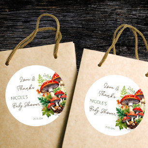 Wild forest mushrooms baby shower tahnk you favor classic round sticker