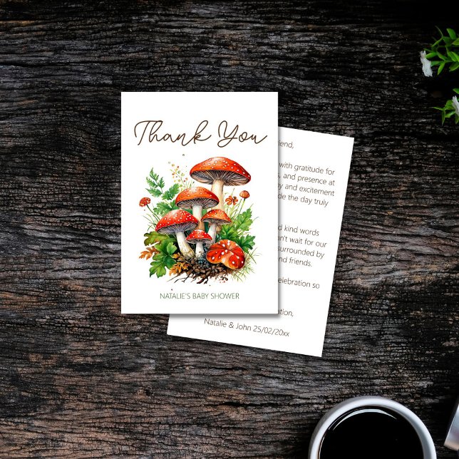 Wild forest mushrooms baby shower  thank you card (Wild forest red mushrooms green fern baby shower thank you card enchanted forest magic mushroom)