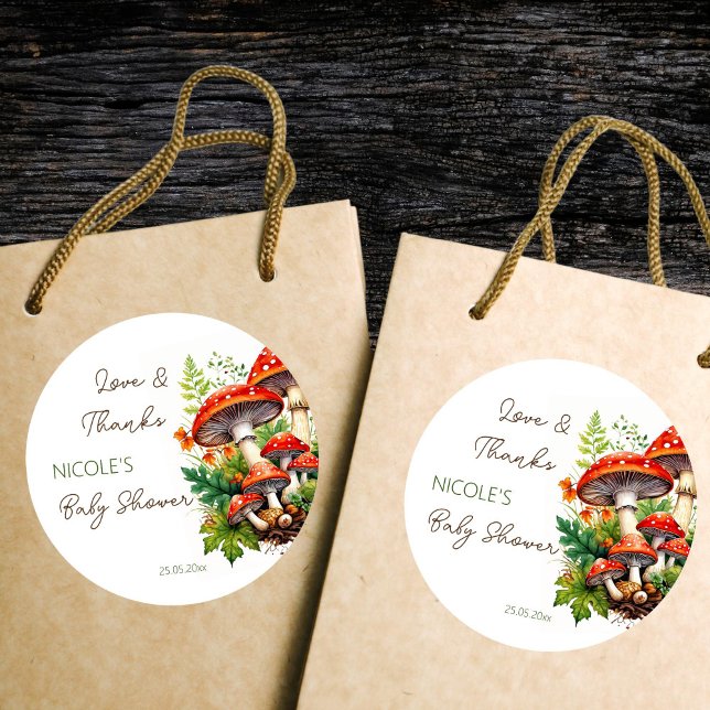 Wild forest mushrooms baby shower thank you favour classic round sticker (Wild forest red mushrooms green fern baby shower printed thank you favor stickers )