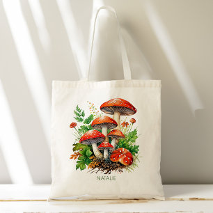 Wild forest mushrooms fungi personalised name tote bag
