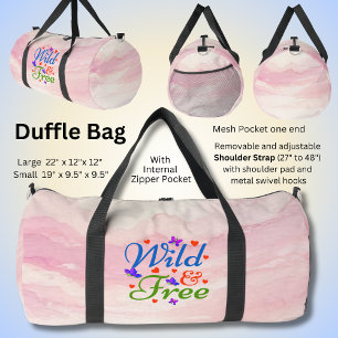Wild & Free, Blue Green with Red Hearts, on Pink Duffle Bag