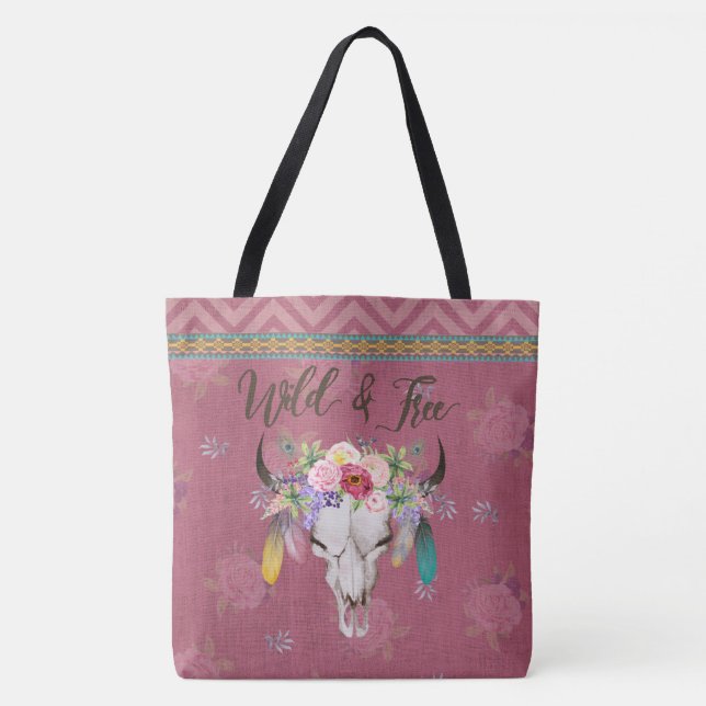 Wild & Free Boho Tote Bag (Faded Raspberry) (Front)