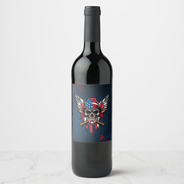 Wild freedom, American skull with baseball bats.  Wine Label (Front)