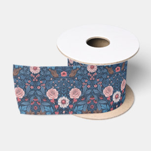 Wild garden in blue satin ribbon