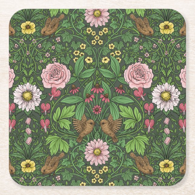 Wild garden in green square paper coaster (Front)