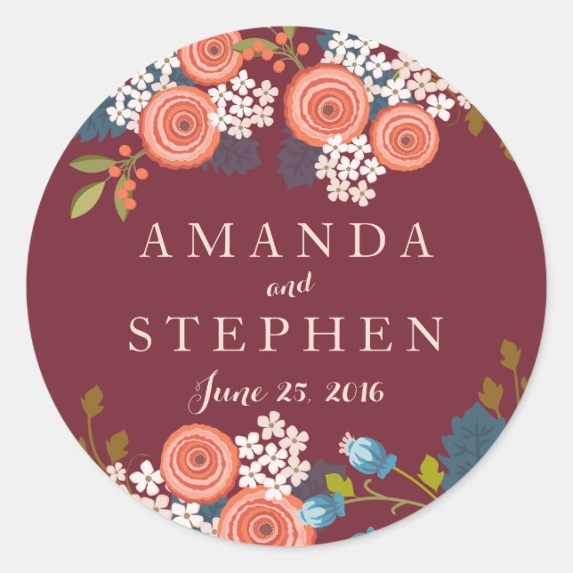 Wild Garden Marsala Wedding Personalised Seal (Front)