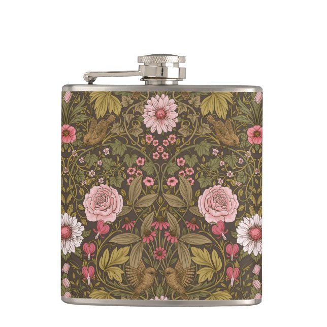 Wild garden on coffee brown hip flask (Front)