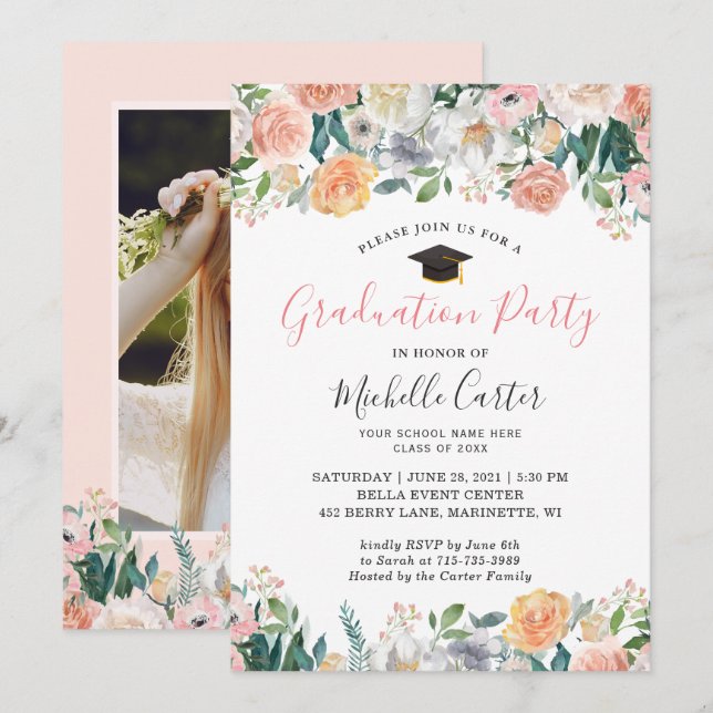 Wild Garden Roses Floral Photo Graduation Party Invitation (Front/Back)