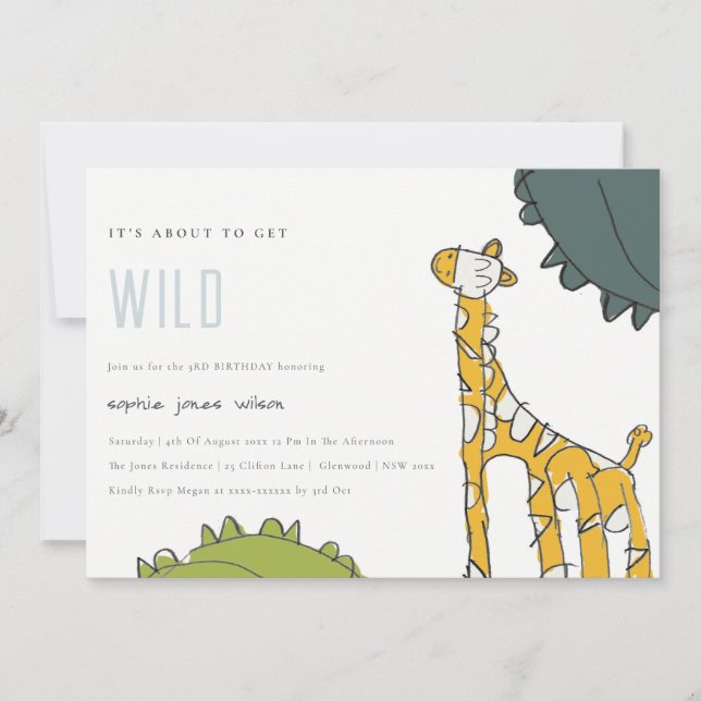 Wild Giraffe Kid Drawn Any Age Birthday Invite (Front)