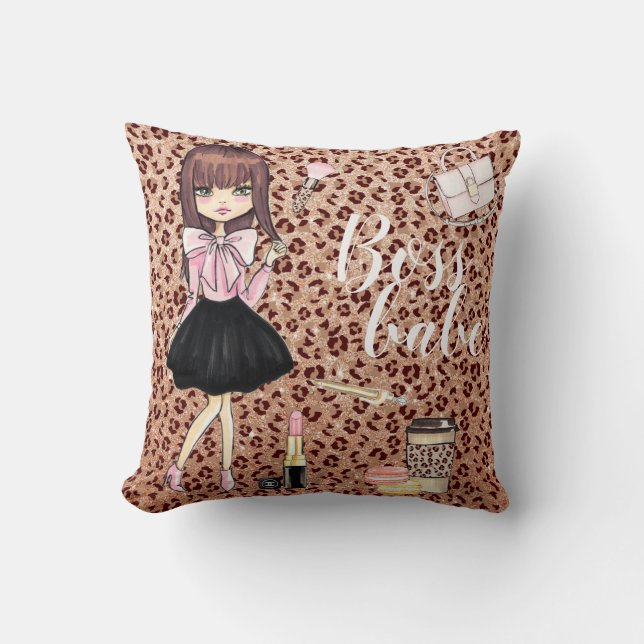 Wild Glam boss girl's Leopard glitter Throw Pillow (Front)