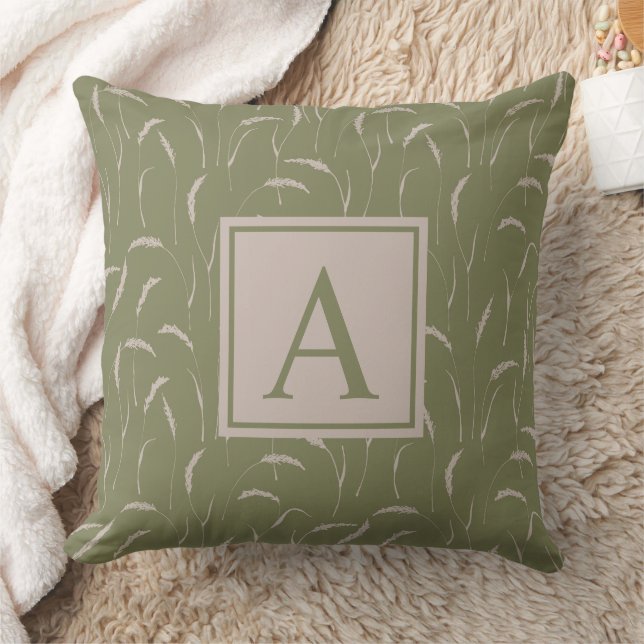 Wild grasses and custom monogram on sage green   cushion (Blanket)