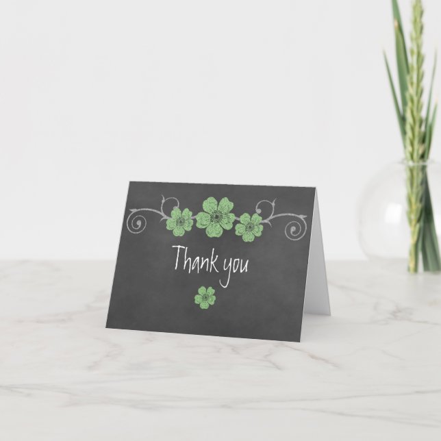 Wild Green Roses Chalkboard Thank You Note Card (Front)