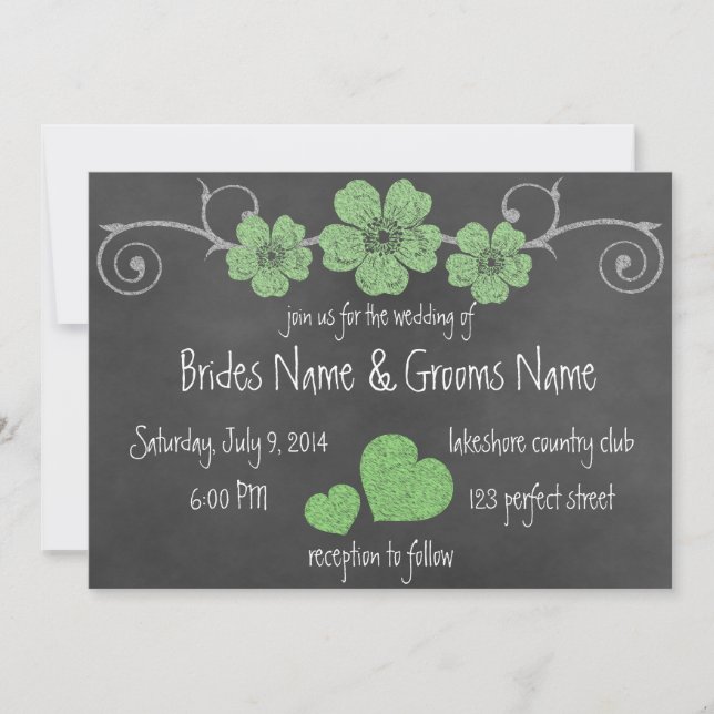 Wild Green Roses Chalkboard Wedding Invitation (Front)