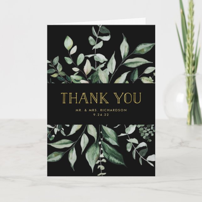 Wild Greenery Black Thank You Card (Front)