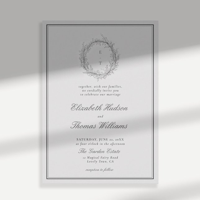 Wild Greenery Crest Formal Modern Classic Wedding Invitation (wildflowers wedding invitation black and white formal traditional botanical crest modern classic)