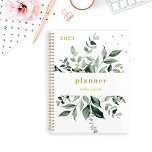 Wild Greenery | Elegant White Planner<br><div class="desc">This stylish botanical 2023 planner features a frame of abundant watercolor green leaves on a simple white background with trendy,  elegant gold coloured text and accents.</div>