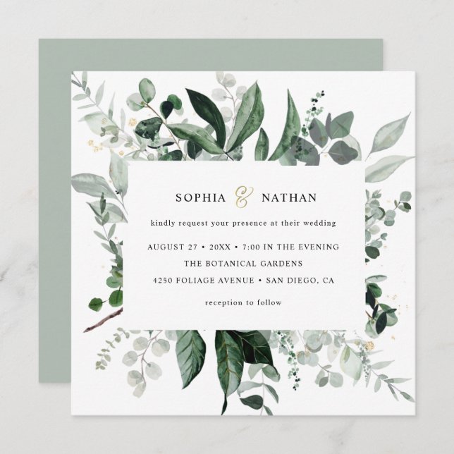 Wild Greenery | Gold Modern Botanical Wedding Invitation (Front/Back)
