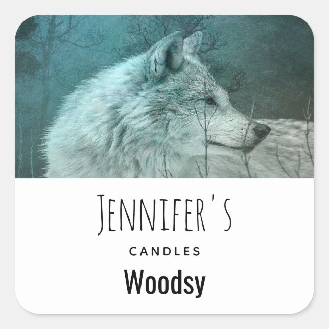 Wild Grey Wolf in a Dark Forest Candle Business Square Sticker (Front)
