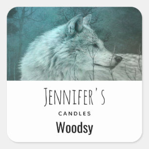 Wild Grey Wolf in a Dark Forest Candle Business Square Sticker