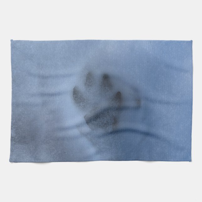 Wild Grey Wolf Paw Print in Winter Snow Tea Towel (Horizontal)
