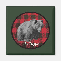 Wild Grizzly Bear Buffalo Plaid Magnet
