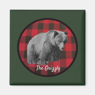 Wild Grizzly Bear Buffalo Plaid Magnet