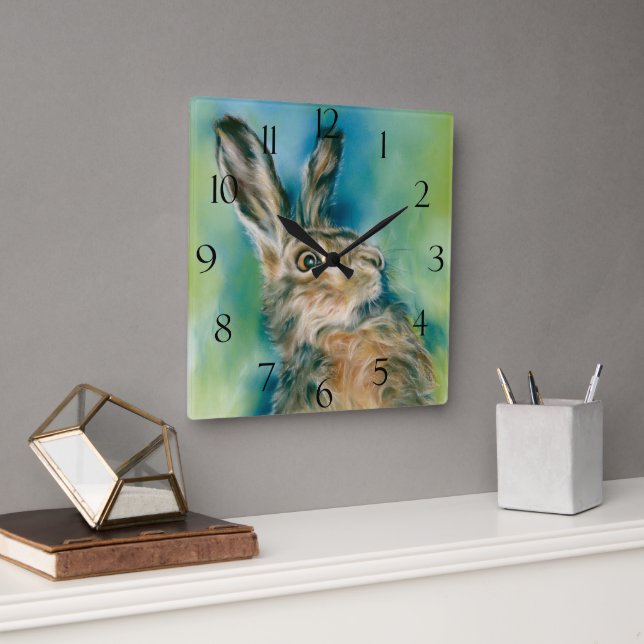 Wild Hare Exuberance Pastel Art Square Wall Clock (Office)
