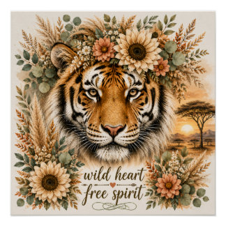 Wild Heart Free Spirit Boho Floral Tiger Art Poster