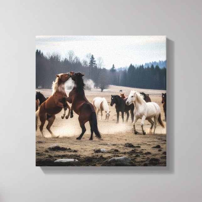 Wild Herd in Motion – Playful Horses in Meadow Canvas Print (Front)
