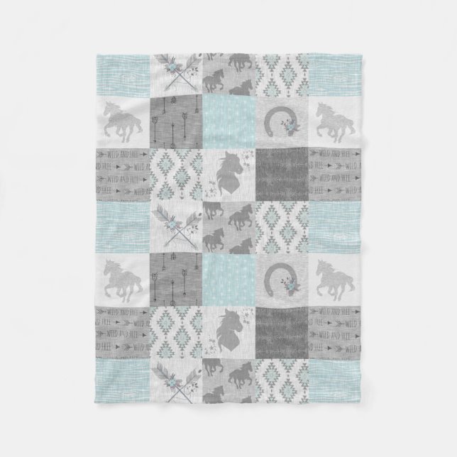 Wild Horse BoHo Fleece Blanket - Aqua/Grey (Front)