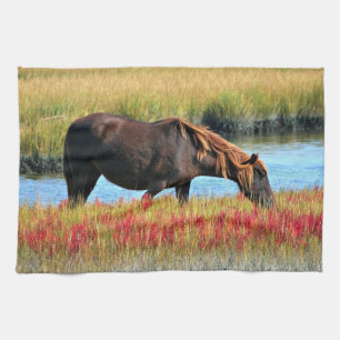 Wild Horse Eating In The Field Tea Towel