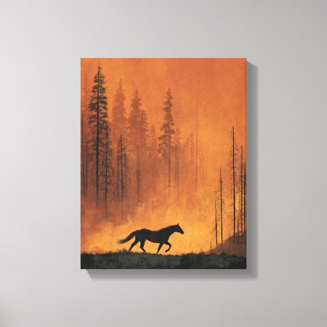 Wild Horse Firelight Forest Silhouette Art Canvas Print (Front)