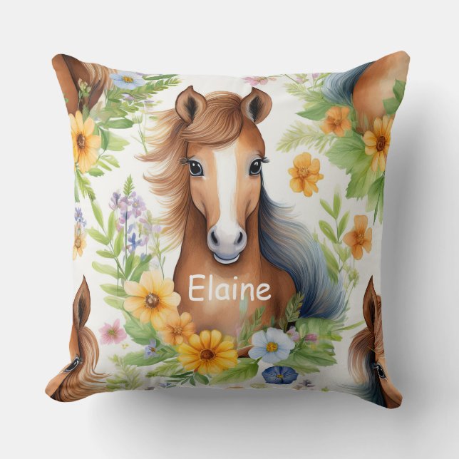 Wild Horse Flowing Mane Yellow Floral Greenery Cushion (Front)