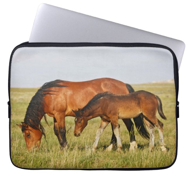 Wild Horse Mother and Colt Grazing Laptop Sleeve (Front)
