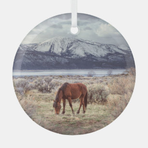 Wild horse: Nevada winter landscape. Glass Tree Decoration