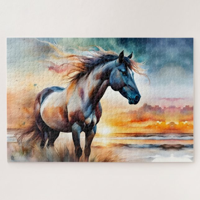 Wild Horse on Grassy Dune at Sunset Jigsaw Puzzle (Horizontal)