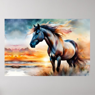 Wild Horse on Grassy Dune at Sunset  Poster