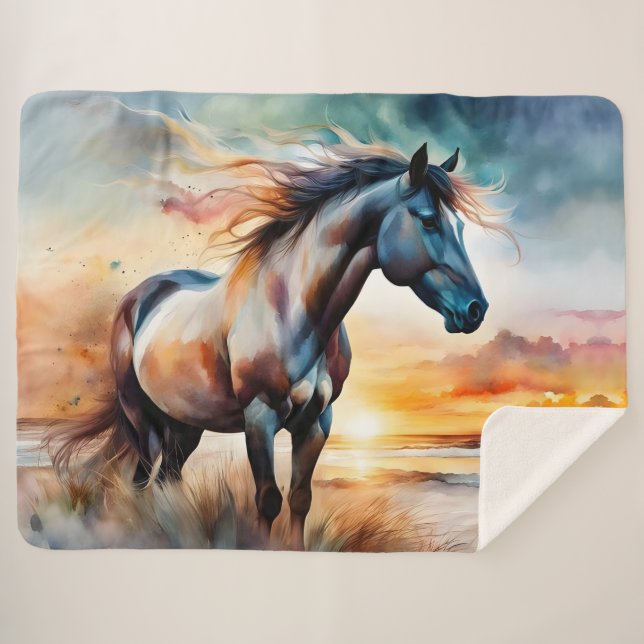 Wild Horse on Grassy Dune at Sunset Sherpa Blanket (Front (Horizontal))