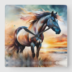 Wild Horse on Grassy Dune at Sunset  Square Wall Clock