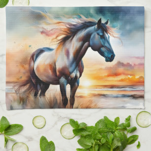 Wild Horse on Grassy Dune at Sunset  Tea Towel