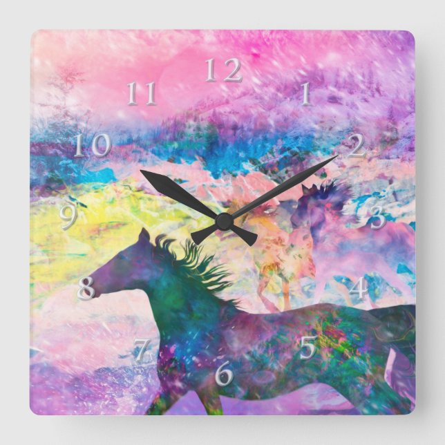 Wild Horse Spirits WE ARE THE LAND Square Wall Clock (Front)