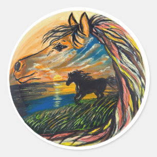Wild Horse Sunset Art - Handmade artwork Classic Round Sticker