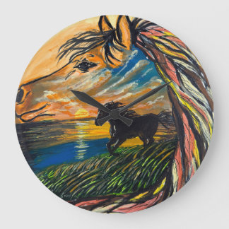 Wild Horse Sunset Art - Handmade artwork Large Clock