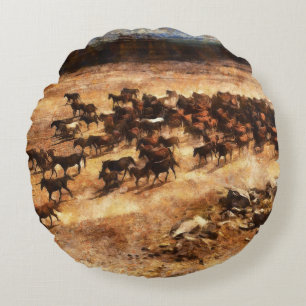 Wild Horses: Artistic Animal Majesty. Round Cushion