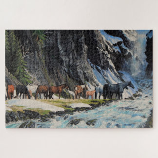 Wild horses, foals by mountain spring river jigsaw puzzle