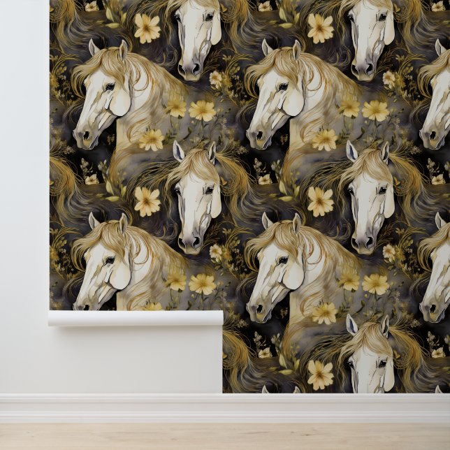 Wild Horses Gold Flowing Mane Floral Wallpaper (Application)